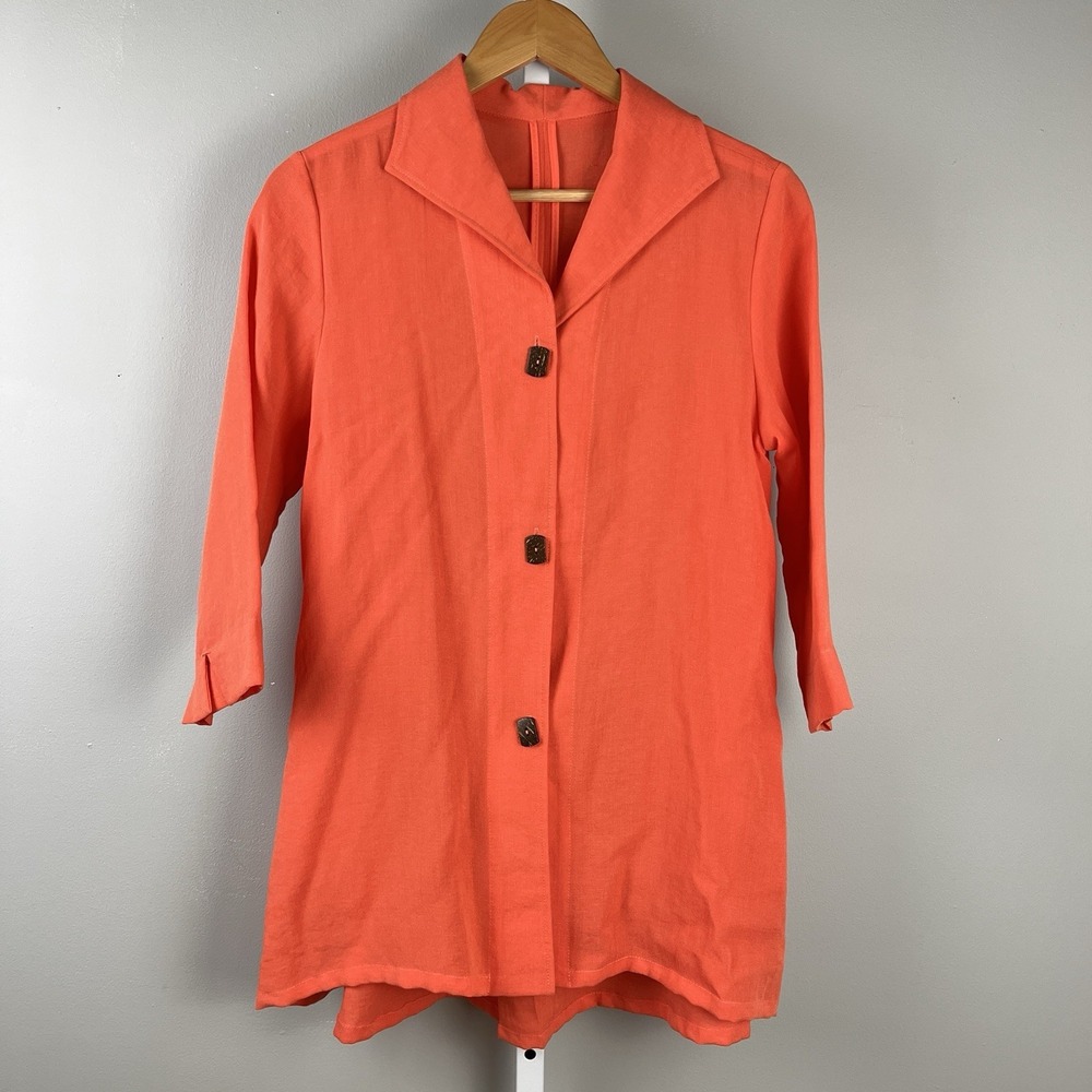 Fridaze Jacket Womens XS Orange Button Front 100%‎ Linen Artsy Lagenlook